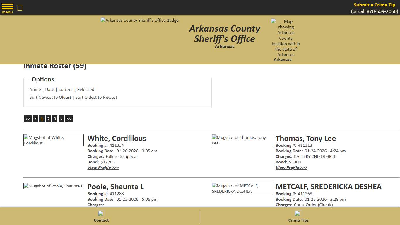 Inmate Roster - Current Inmates Booking Date Descending - Arkansas County Sheriff's Office, Arkansas